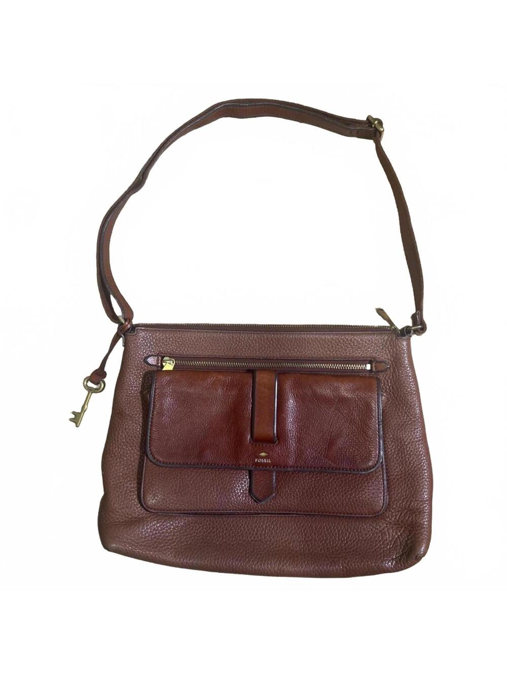 Fossil Kinley Medium Brown Pebbled Cowhide Leather Crossbody Satchel